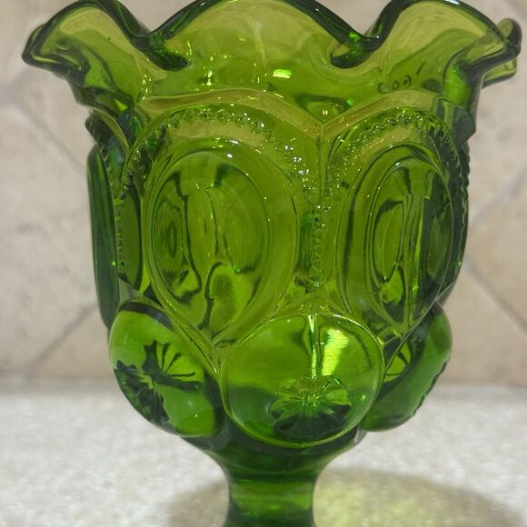 Vintage LE Smith Green Moon & Stars Ruffled Footed Open Vase Compote 5 3/4" USA - Picture 4 of 13